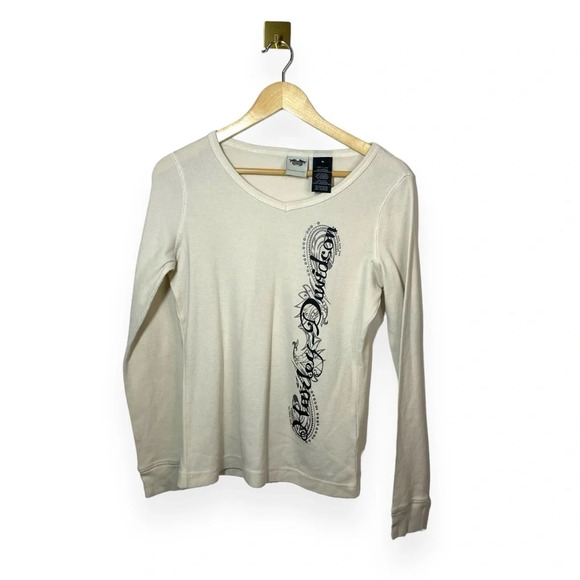 VINTAGE Harley Davidson V-Neck Thermal Rhinestone Long Sleeve in Ivory Size M - Picture 3 of 11